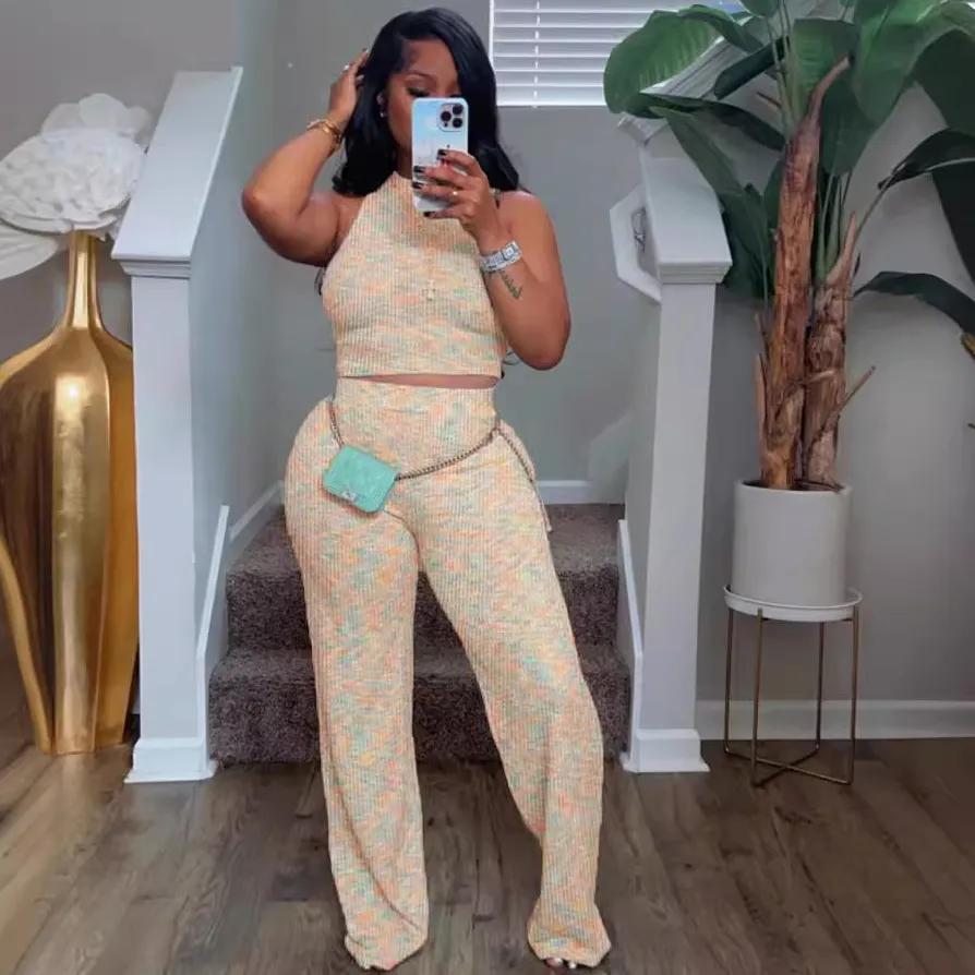 Summer Women Fashion Printed Sleeveless Top Wide Leg Pants Two-Piece Set