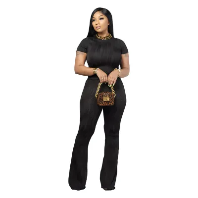 Athleisure Summer Women's Wave Stripe Round Neck Short Sleeve Top Pants Two-Piece Set