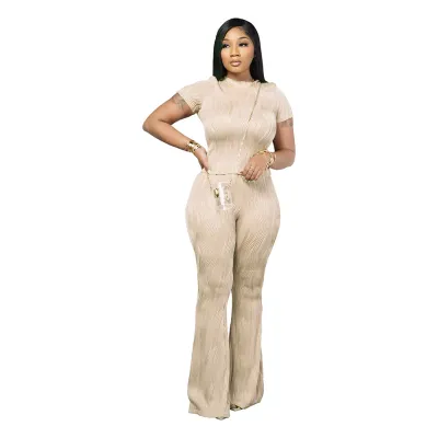 Athleisure Summer Women's Wave Stripe Round Neck Short Sleeve Top Pants Two-Piece Set