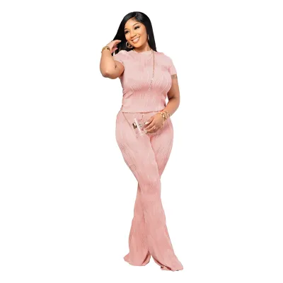 Athleisure Summer Women's Wave Stripe Round Neck Short Sleeve Top Pants Two-Piece Set