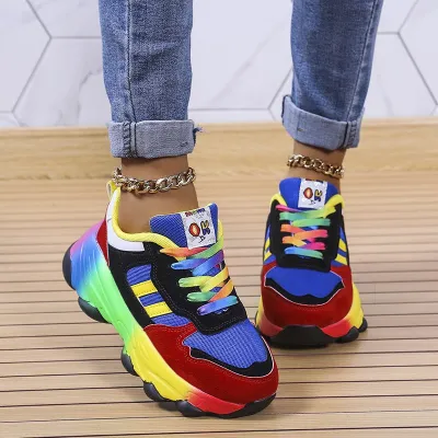 Women's Plus Size Rainbow Fly Woven Lace Up Sneaker Summer Breathable Flat Heel