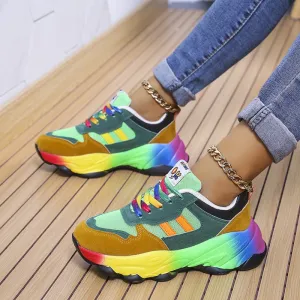 Women's Plus Size Rainbow Fly Woven Lace Up Sneaker Summer Breathable Flat Heel
