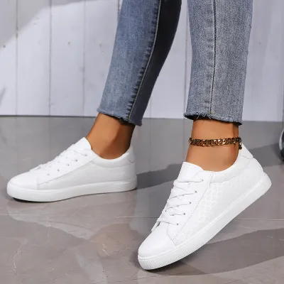 Plus Size Women Casual Lace Up Low Top Sneakers White Microfiber Shoes