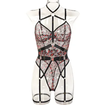 Women Sexy Mesh Perspective Leopard Print Lingerie Bra Set