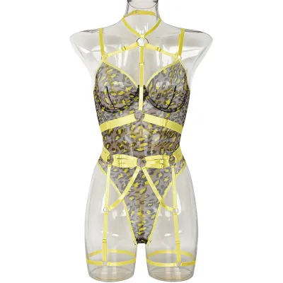 Women Sexy Mesh Perspective Leopard Print Lingerie Bra Set