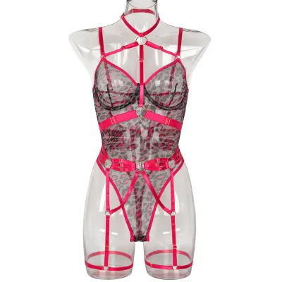 Women Sexy Mesh Perspective Leopard Print Lingerie Bra Set
