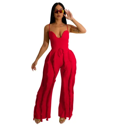 Women Sexy Solid Color Sling Top And Tassel Pants Two-Piece Set