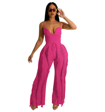 Women Sexy Solid Color Sling Top And Tassel Pants Two-Piece Set