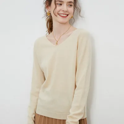 Women Fashion Solid Color V-Neck Loose Cashmere Pullover Sweater