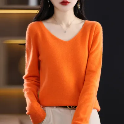 Women Fashion Solid Color V-Neck Loose Cashmere Pullover Sweater