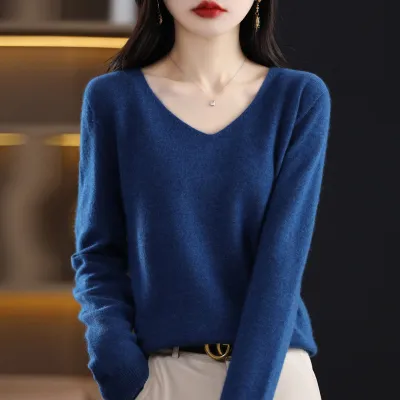 Women Fashion Solid Color V-Neck Loose Cashmere Pullover Sweater
