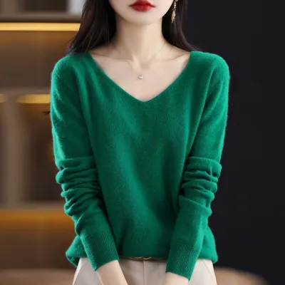 Women Fashion Solid Color V-Neck Loose Cashmere Pullover Sweater
