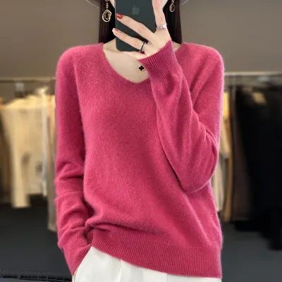 Women Fashion Solid Color V-Neck Loose Cashmere Pullover Sweater