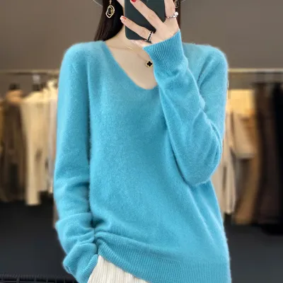 Women Fashion Solid Color V-Neck Loose Cashmere Pullover Sweater
