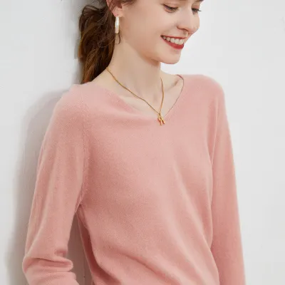 Women Fashion Solid Color V-Neck Loose Cashmere Pullover Sweater