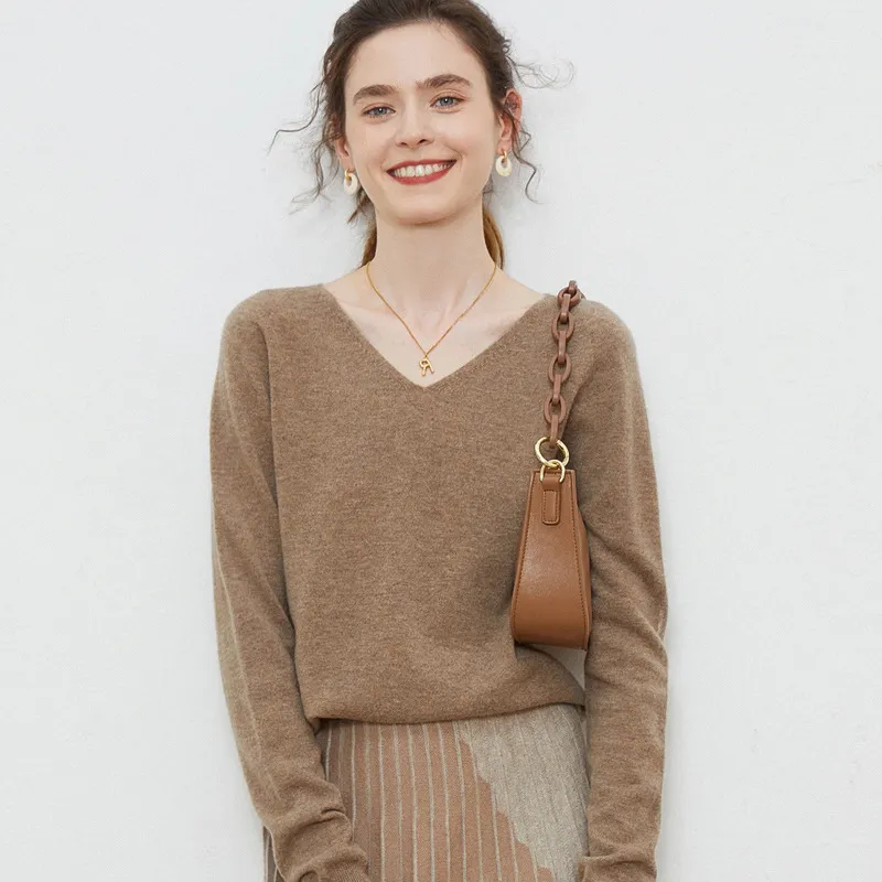 Women Fashion Solid Color V-Neck Loose Cashmere Pullover Sweater