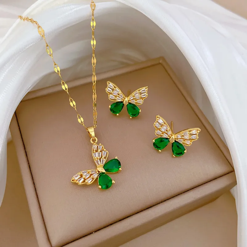 Women Fashion Creative Hollow Butterfly Rhinestone Necklace Earrings Jewelry Set