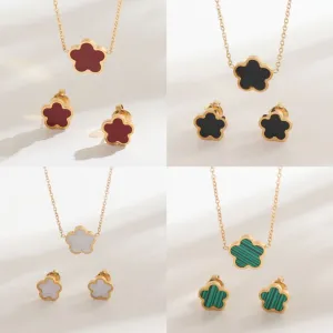 Women's Fashion Titanium Steel Floral Necklace and Earrings Jewelry Set