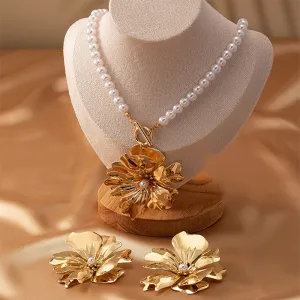 Women Fashion Simple Metal Floral Pearl Necklace Earrings Jewelry Set