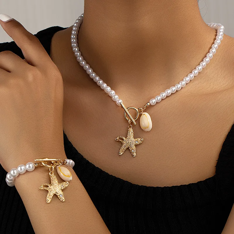 Women Vintage Baroque Pearl Starfish Shell Bracelet Necklace Jewelry Set