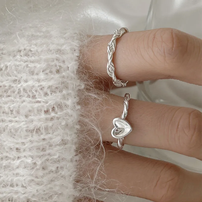 Women Simple Silver Heart Twist Braid Open Ring