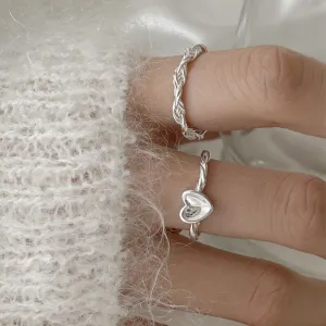 Women Simple Silver Heart Twist Braid Open Ring