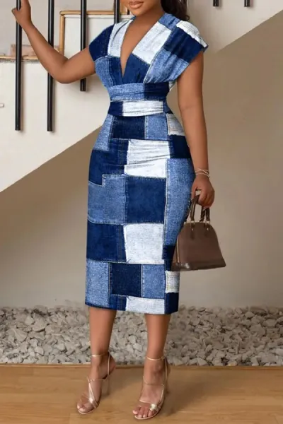 Summer Women Fashion Sexy Plaid Stripe Print Deep V Tight Midi Dress