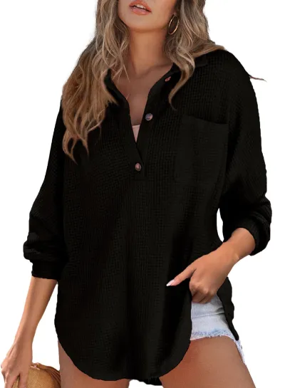 Women Autumn Winter Casual Solid Color Waffle Knit Lapel Pocket Sweatshirt
