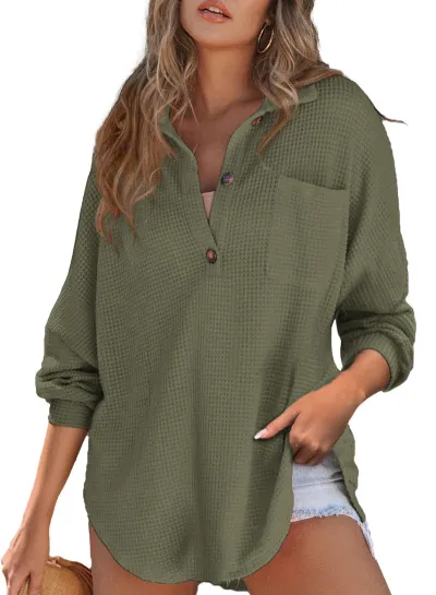 Women Autumn Winter Casual Solid Color Waffle Knit Lapel Pocket Sweatshirt