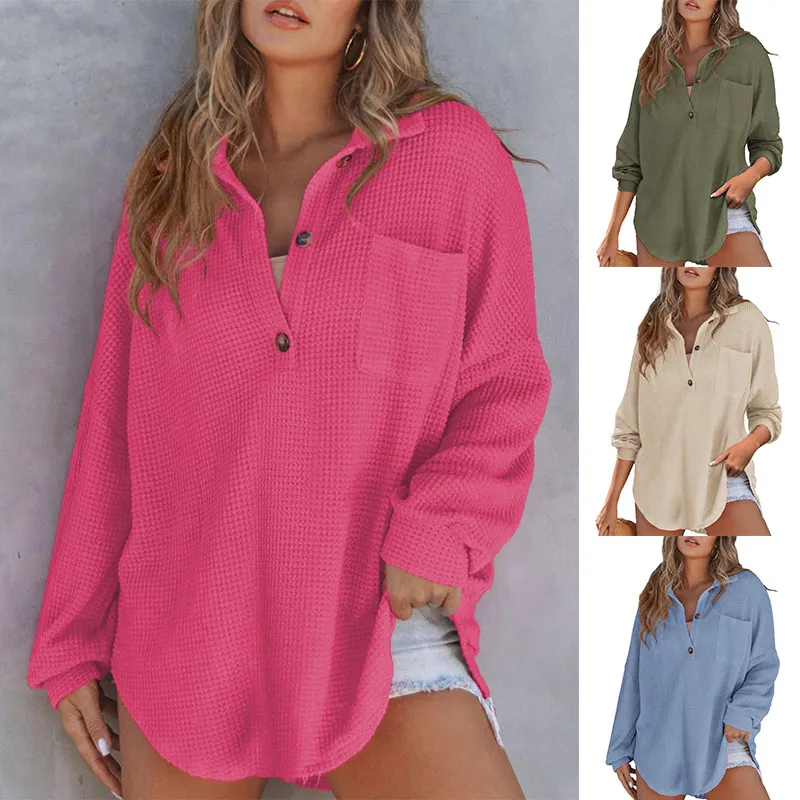 Women Autumn Winter Casual Solid Color Waffle Knit Lapel Pocket Sweatshirt