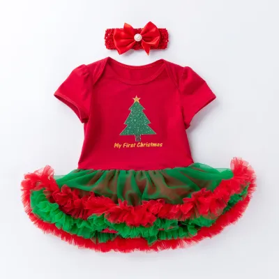 Christmas Baby Girl Party Dress Newborn Santa Headband Mesh Princess Dress Set