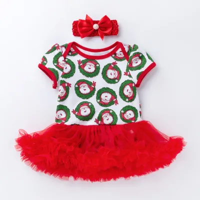 Christmas Baby Girl Party Dress Newborn Santa Headband Mesh Princess Dress Set
