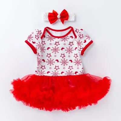 Christmas Baby Girl Party Dress Newborn Santa Headband Mesh Princess Dress Set