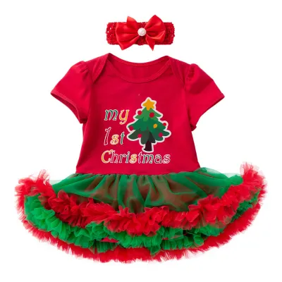 Christmas Baby Girl Party Dress Newborn Santa Headband Mesh Princess Dress Set