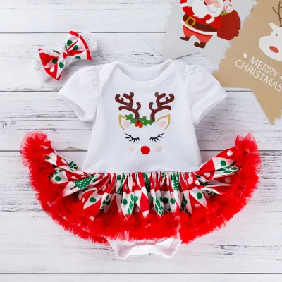 Christmas Baby Girl Party Dress Newborn Santa Headband Mesh Princess Dress Set