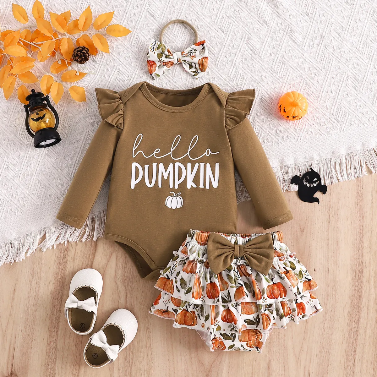 Baby Girl Halloween Pumpkin Alphabet Printed Harper Romper Set Long Sleeve Cotton Pants Set