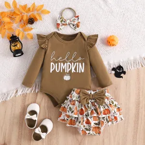 Baby Girl Halloween Pumpkin Alphabet Printed Harper Romper Set Long Sleeve Cotton Pants Set