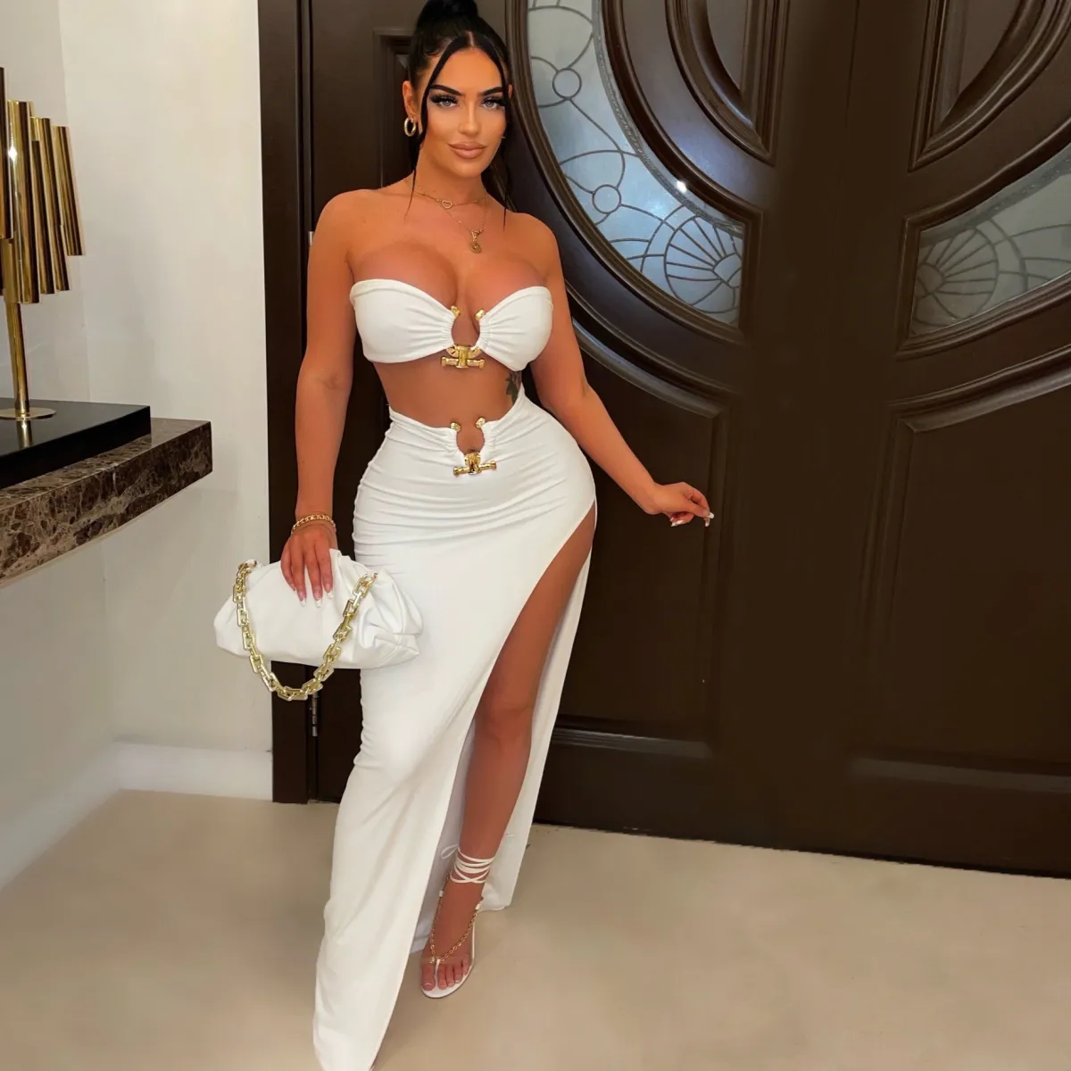Women Fashion Sexy Solid Color Strapless Top And Side Split Skirt Two-Piece Set
