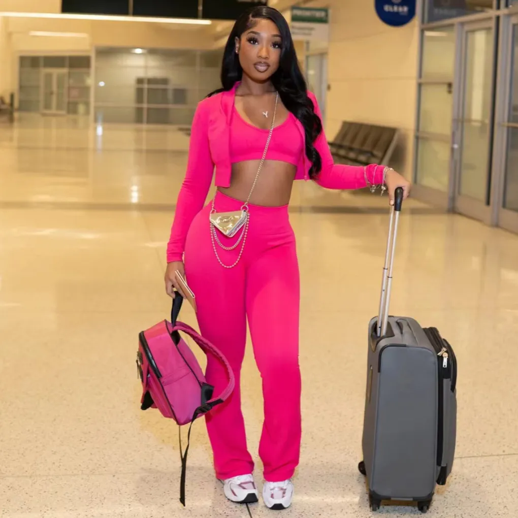Women Fashion Solid Color Polyester Pants Set