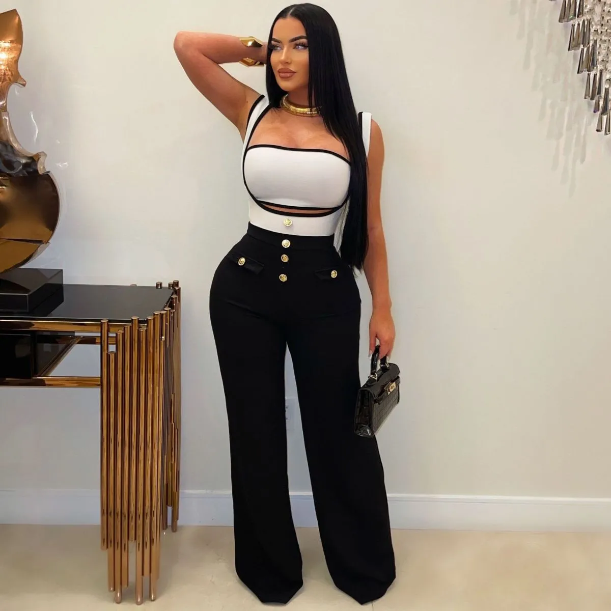 Women Strapless Top And Jumpsuit Two-Piece Set - Street Hipster Style, Polyester Knit, Long Micro-Type Pants