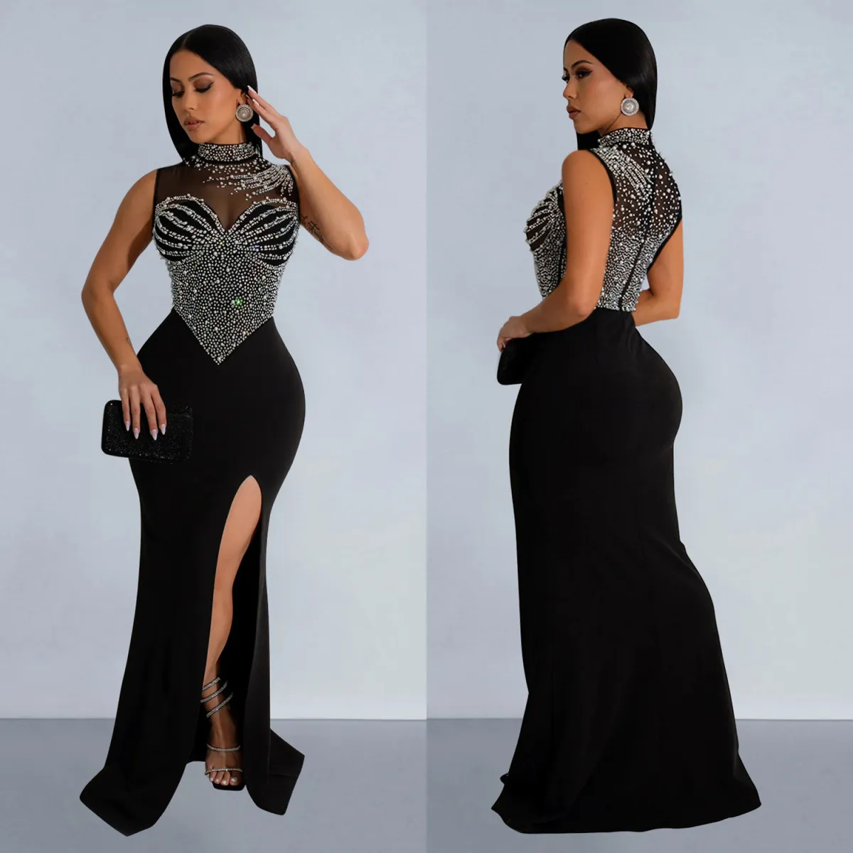 Women Sexy Mesh Rhinestone Side Split Sleeveless Party Dress