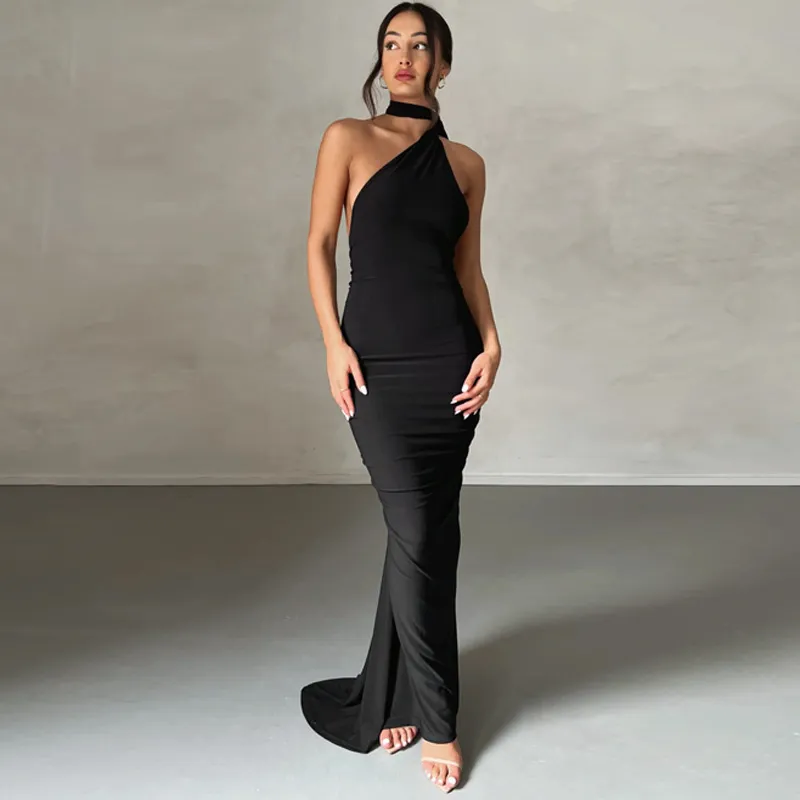 Women Sexy Solid Color Sleeveless Backless Bodycon Maxi Dress