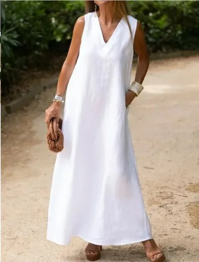 Summer Women Casual Solid Color Deep V Sleeveless Maxi Dress
