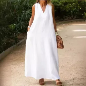 Summer Women Casual Solid Color Deep V Sleeveless Maxi Dress