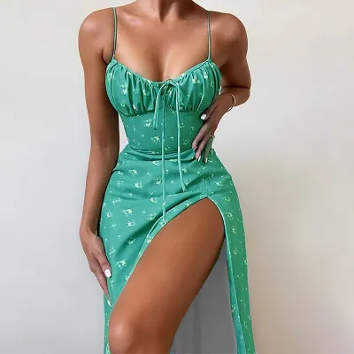 Summer Women Fashion Sexy Sling Split Dress with Tiny Flower Print
