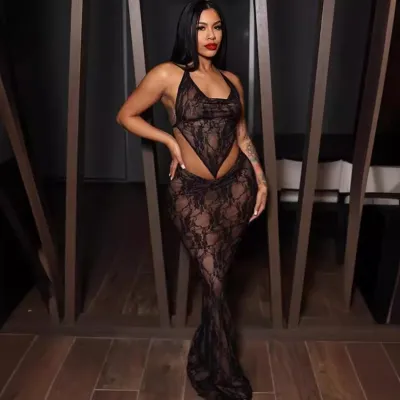 Summer Women Sexy Lace Halter Neck See-Through Crop Top Two-Piece Skirt Set