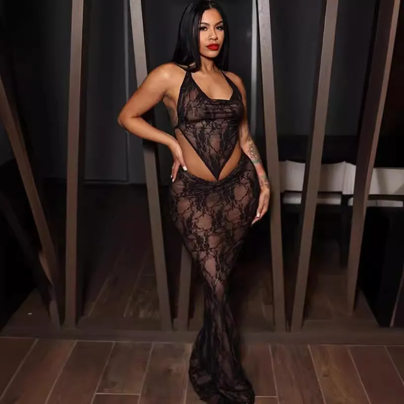 Summer Women Sexy Lace Halter Neck See-Through Crop Top Two-Piece Skirt Set