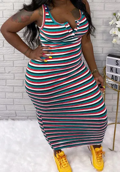 Summer Women Fashion Plus Size Multicolor Stripe Print V-Neck Sleeveless Midi Dress