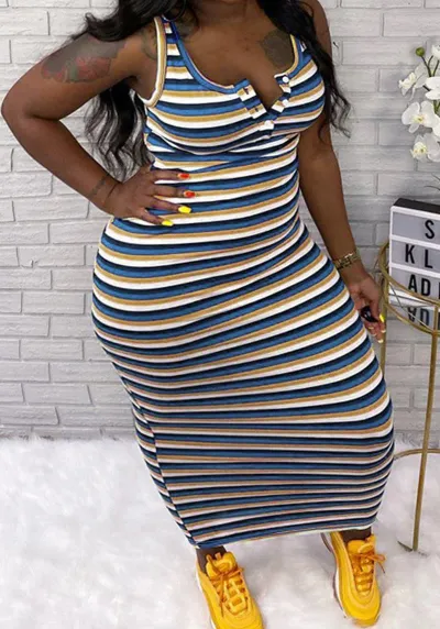 Summer Women Fashion Plus Size Multicolor Stripe Print V-Neck Sleeveless Midi Dress