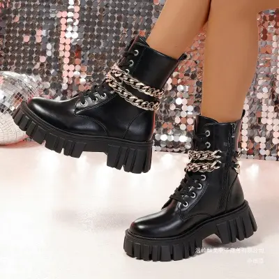Women Fashion Plus Size Patent Leather Metal Chain Thick-Soled Mid-Calf Boots